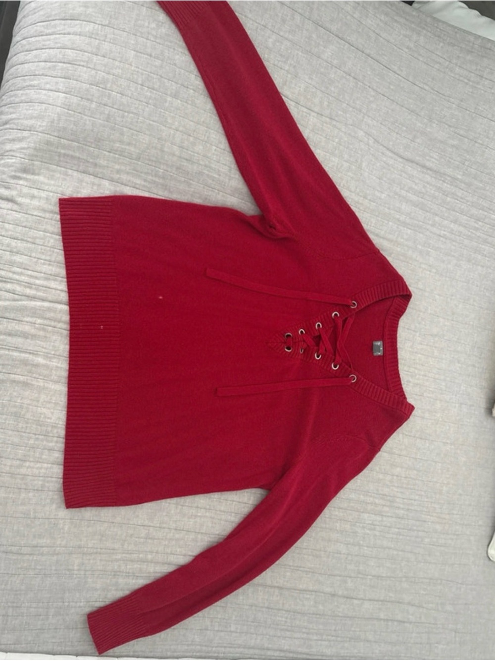 New York & Company Red Lace-Up V-Neck Sweater